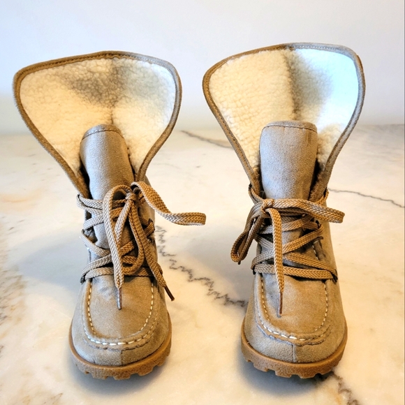 Unionbay Boots Womens Pike Faux Fur Lined Wedge Ankle Brown Fabric Lace Up - Picture 3 of 8